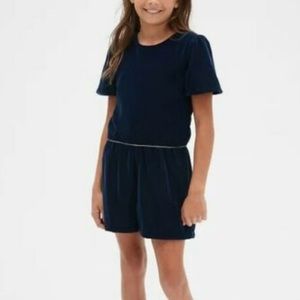 Gap Kids | Velvet Holiday Romper Short Sleeve Navy Blue/Silver Piping (XS 4-5)